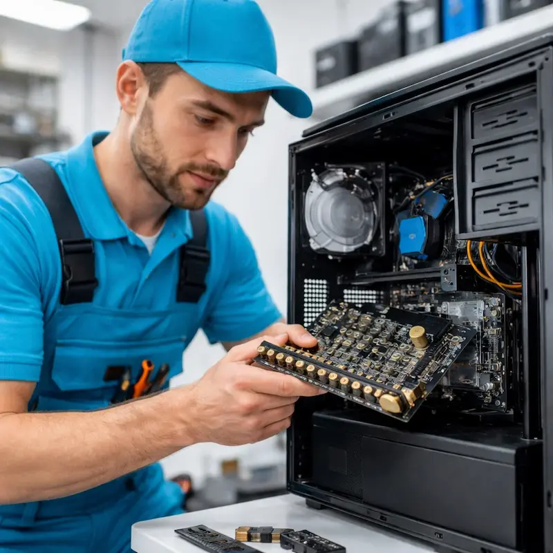 Мастер устанавливает звуковую карту на ПК в Светлом